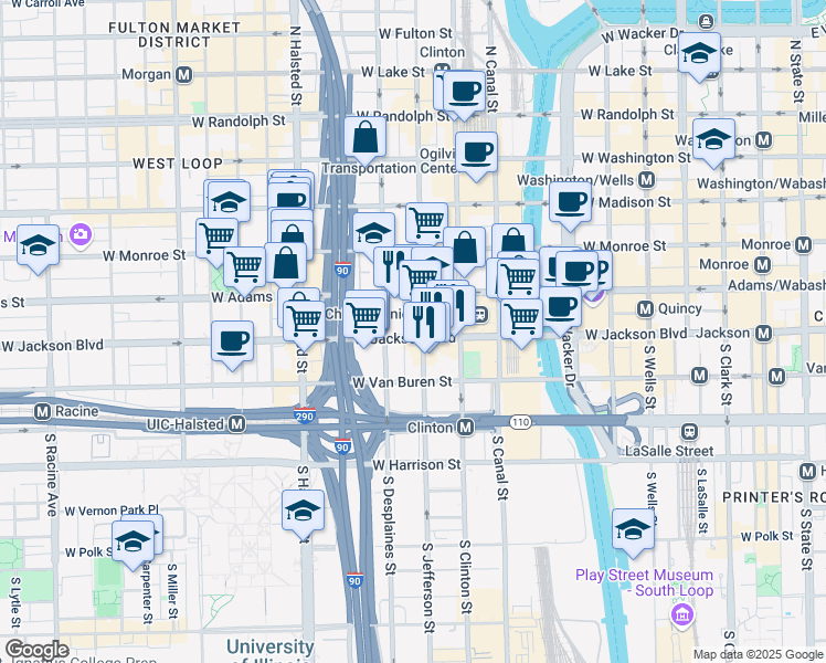 map of restaurants, bars, coffee shops, grocery stores, and more near 600 West Jackson Boulevard in Chicago