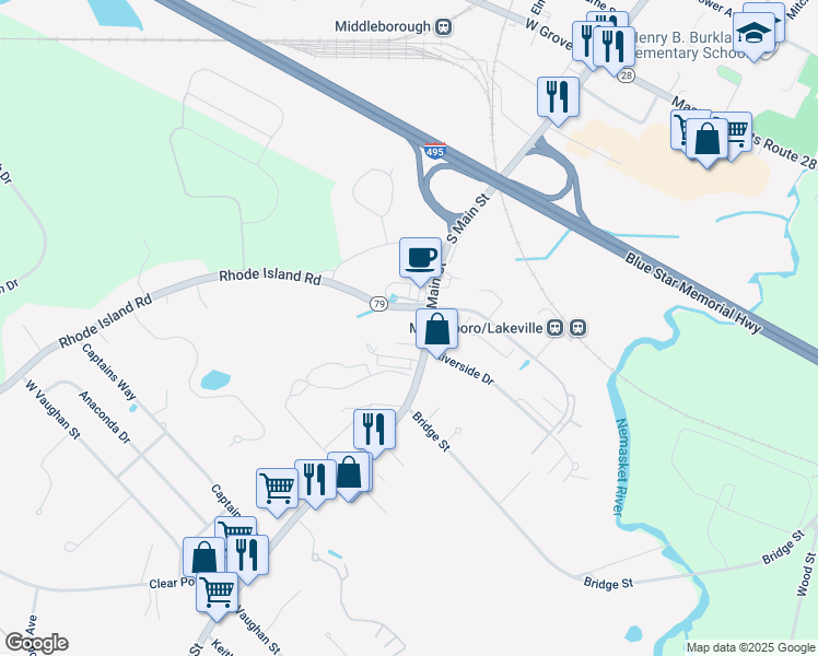 map of restaurants, bars, coffee shops, grocery stores, and more near 11 Main Street in Lakeville