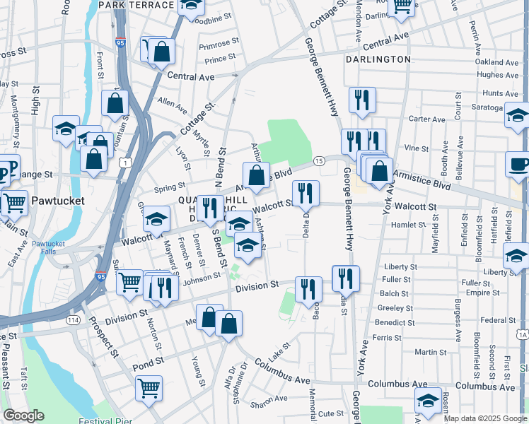 map of restaurants, bars, coffee shops, grocery stores, and more near 296 Walcott Street in Pawtucket