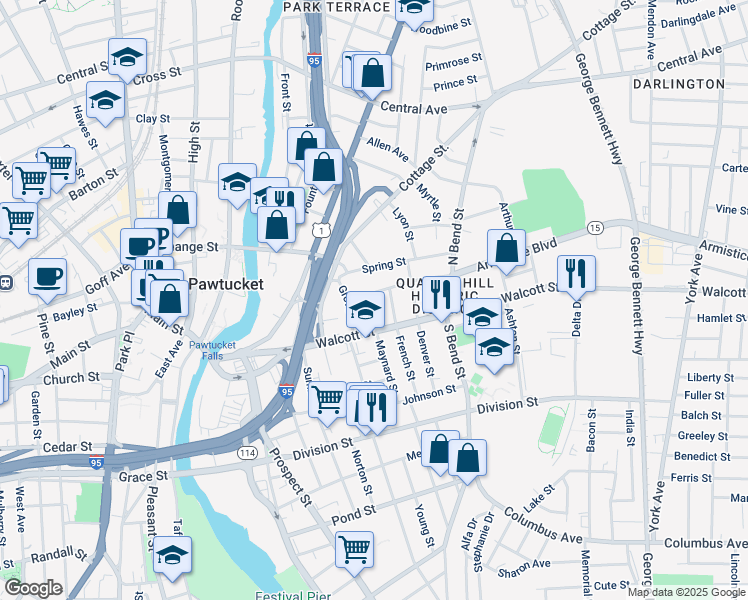 map of restaurants, bars, coffee shops, grocery stores, and more near 26 Armistice Boulevard in Pawtucket