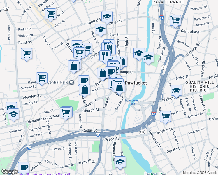 map of restaurants, bars, coffee shops, grocery stores, and more near 301 Main Street in Pawtucket