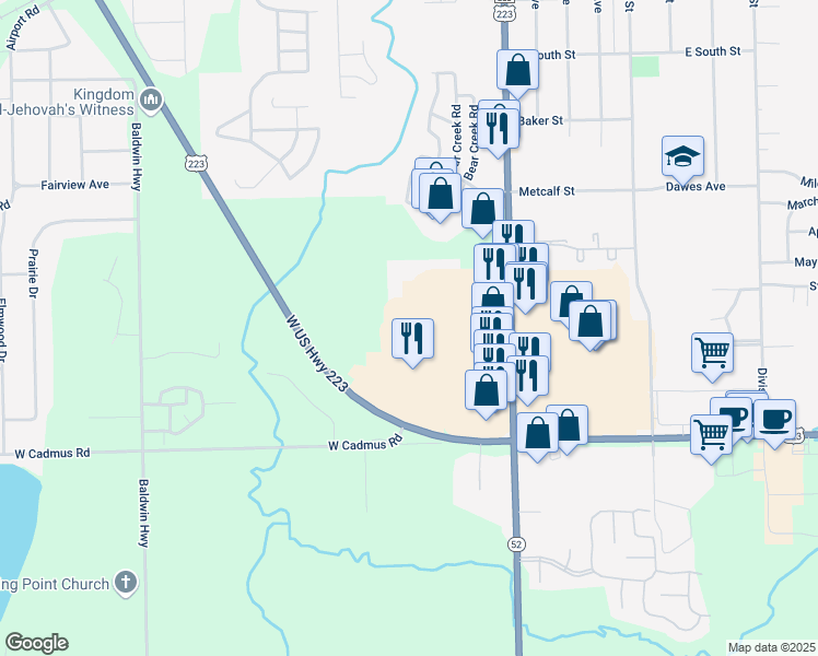 map of restaurants, bars, coffee shops, grocery stores, and more near 704 U.S. 223 in Adrian