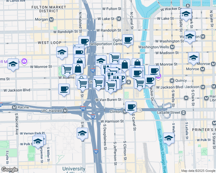 map of restaurants, bars, coffee shops, grocery stores, and more near 223 South Desplaines Street in Chicago