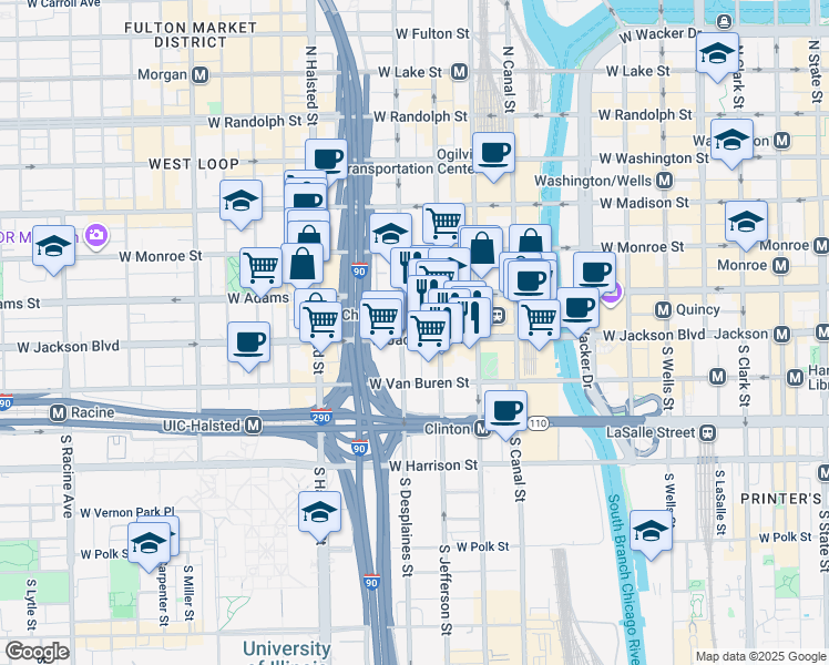 map of restaurants, bars, coffee shops, grocery stores, and more near 223 South Desplaines Street in Chicago