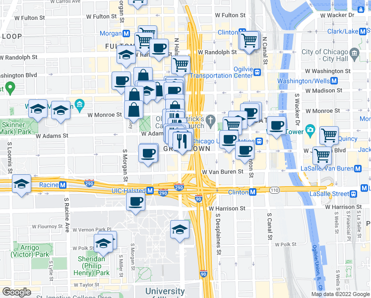 map of restaurants, bars, coffee shops, grocery stores, and more near in Chicago