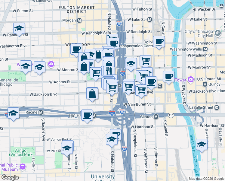 map of restaurants, bars, coffee shops, grocery stores, and more near 233 South Halsted Street in Chicago
