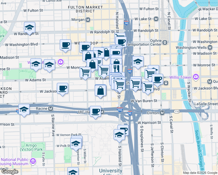 map of restaurants, bars, coffee shops, grocery stores, and more near 213 South Green Street in Chicago