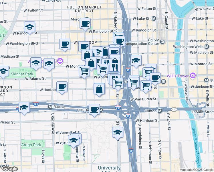 map of restaurants, bars, coffee shops, grocery stores, and more near 221 South Peoria Street in Chicago