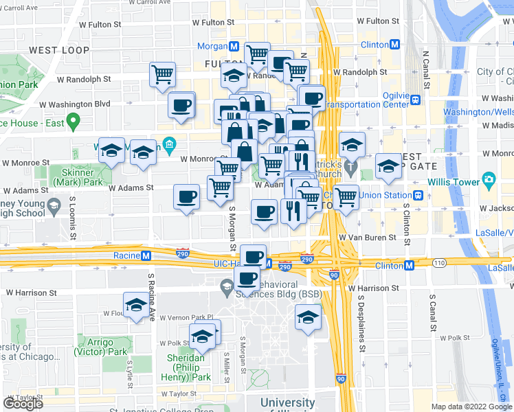 map of restaurants, bars, coffee shops, grocery stores, and more near in Chicago
