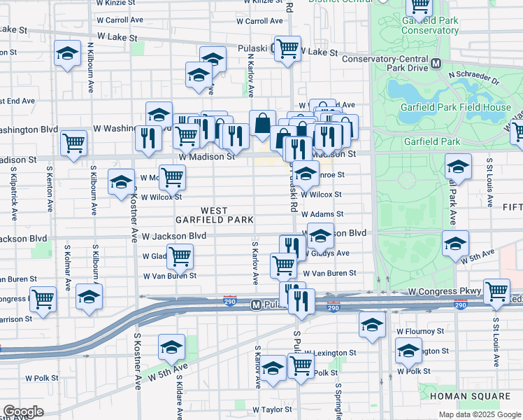 map of restaurants, bars, coffee shops, grocery stores, and more near 4049 West Wilcox Street in Chicago