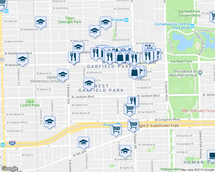 map of restaurants, bars, coffee shops, grocery stores, and more near 4123 West Wilcox Street in Chicago