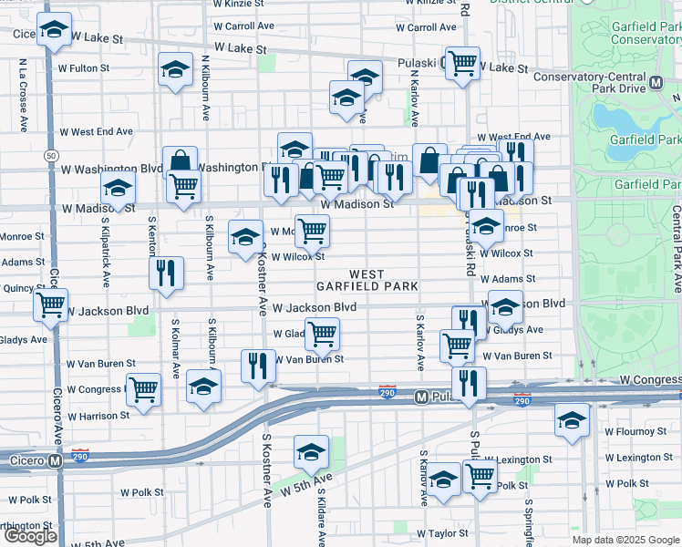map of restaurants, bars, coffee shops, grocery stores, and more near 4239 West Wilcox Street in Chicago