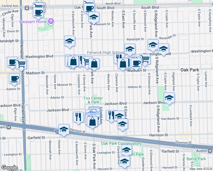 map of restaurants, bars, coffee shops, grocery stores, and more near 533 Wesley Avenue in Oak Park