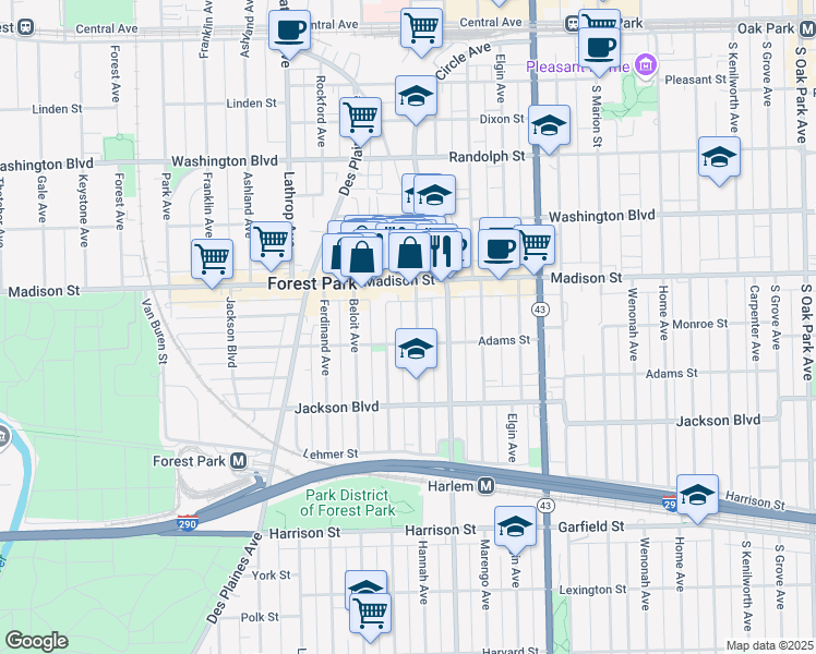 map of restaurants, bars, coffee shops, grocery stores, and more near 425 Hannah Avenue in Forest Park