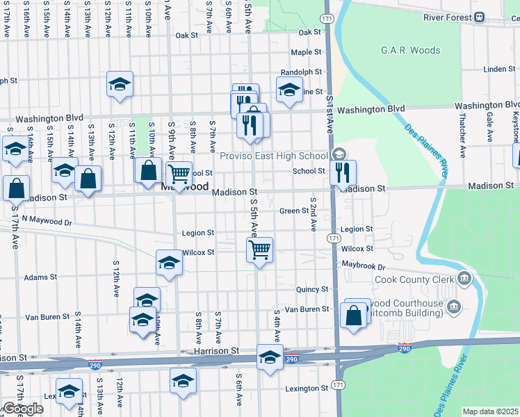 map of restaurants, bars, coffee shops, grocery stores, and more near 1011 South 5th Avenue in Maywood