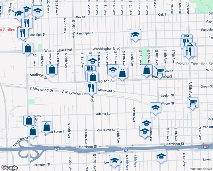 map of restaurants, bars, coffee shops, grocery stores, and more near 1510 Madison Street in Maywood