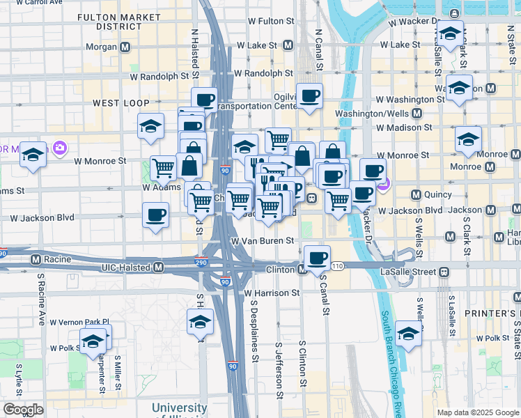 map of restaurants, bars, coffee shops, grocery stores, and more near 626 West Jackson Boulevard in Chicago