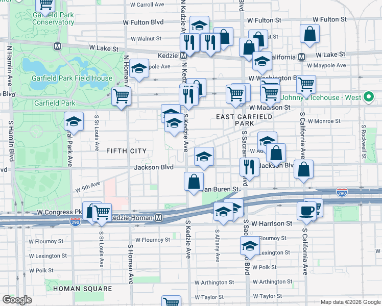 map of restaurants, bars, coffee shops, grocery stores, and more near 3155 West 5th Avenue in Chicago