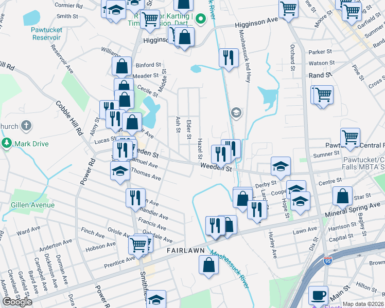 map of restaurants, bars, coffee shops, grocery stores, and more near 32 Hazel Street in Pawtucket