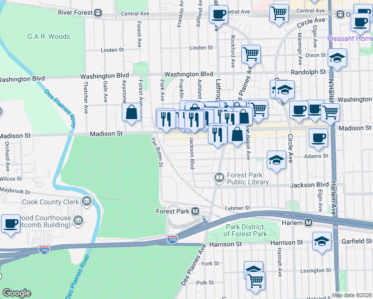 map of restaurants, bars, coffee shops, grocery stores, and more near 7711 Monroe Street in Forest Park