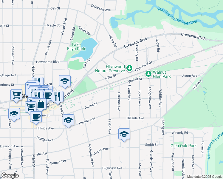 map of restaurants, bars, coffee shops, grocery stores, and more near 509 Taylor Avenue in Glen Ellyn