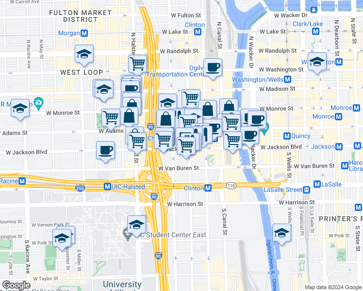 map of restaurants, bars, coffee shops, grocery stores, and more near 624 West Jackson Boulevard in Chicago