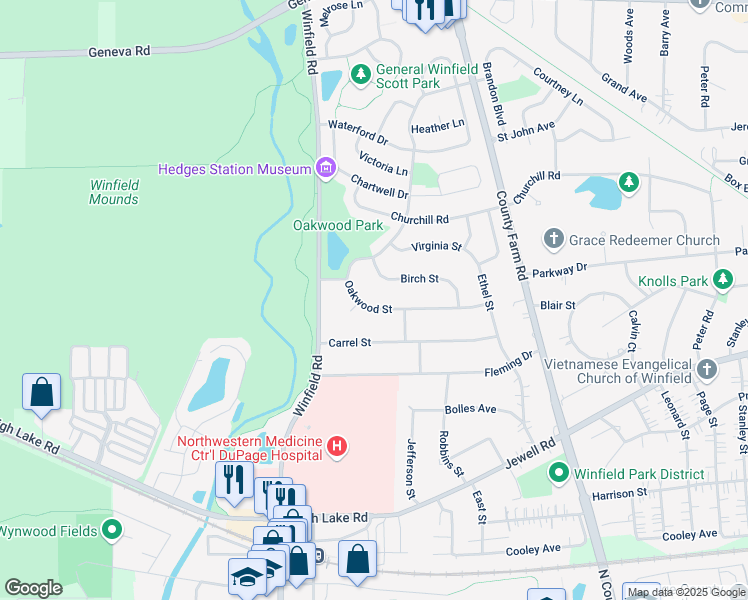 map of restaurants, bars, coffee shops, grocery stores, and more near 27W364 Oakwood Street in Winfield