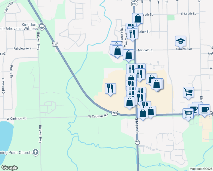 map of restaurants, bars, coffee shops, grocery stores, and more near 704 U.S. 223 in Adrian