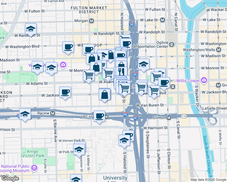 map of restaurants, bars, coffee shops, grocery stores, and more near 213 South Green Street in Chicago