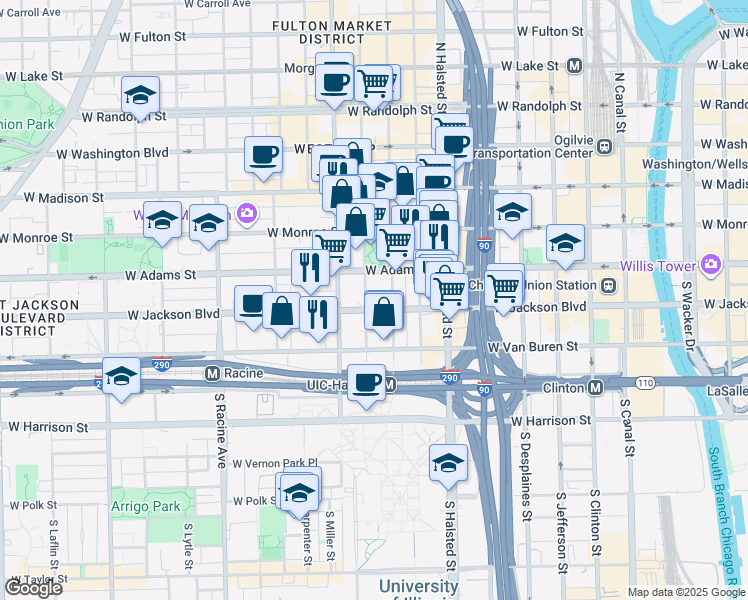 map of restaurants, bars, coffee shops, grocery stores, and more near 225 South Sangamon Street in Chicago