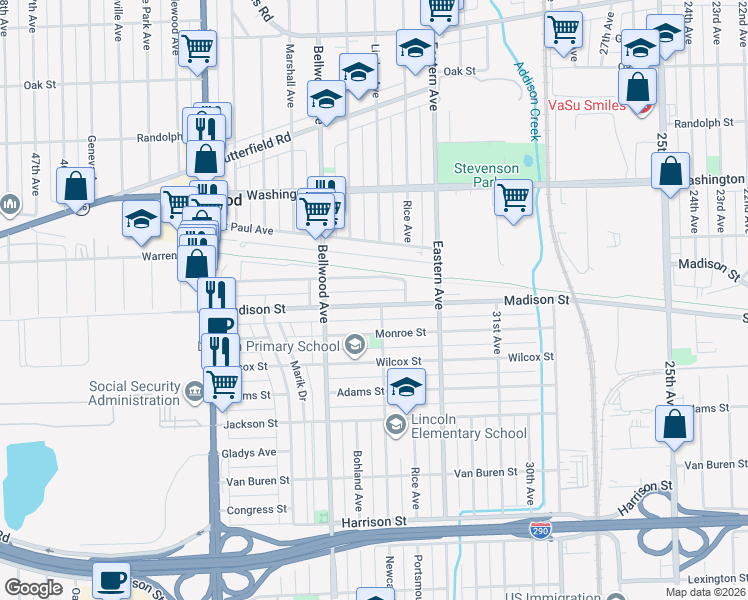 map of restaurants, bars, coffee shops, grocery stores, and more near 3500 Warren Avenue in Bellwood