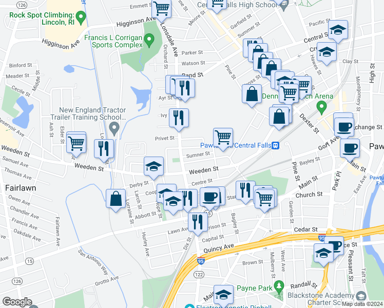 map of restaurants, bars, coffee shops, grocery stores, and more near 53 Sumner Street in Pawtucket
