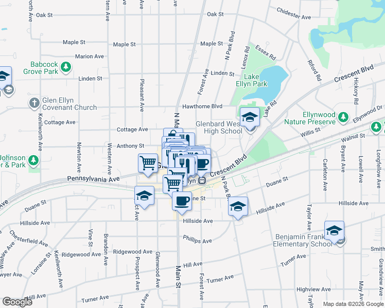 map of restaurants, bars, coffee shops, grocery stores, and more near 520 Forest Avenue in Glen Ellyn