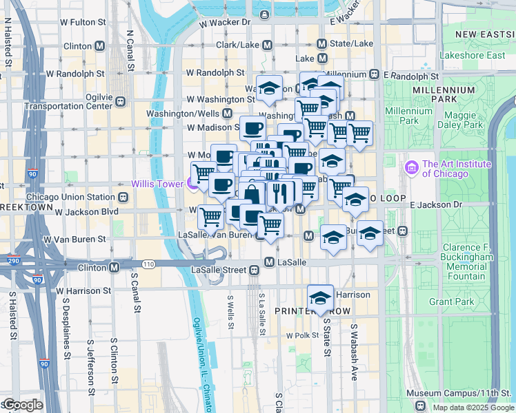 map of restaurants, bars, coffee shops, grocery stores, and more near 231 South LaSalle Street in Chicago