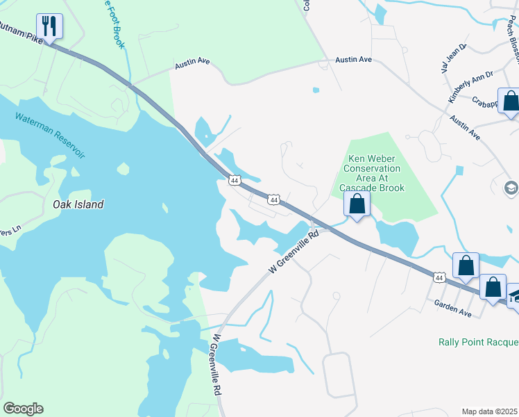 map of restaurants, bars, coffee shops, grocery stores, and more near 733 Putnam Pike in Smithfield