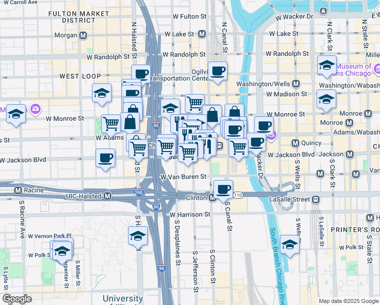 map of restaurants, bars, coffee shops, grocery stores, and more near 223 South Desplaines Street in Chicago