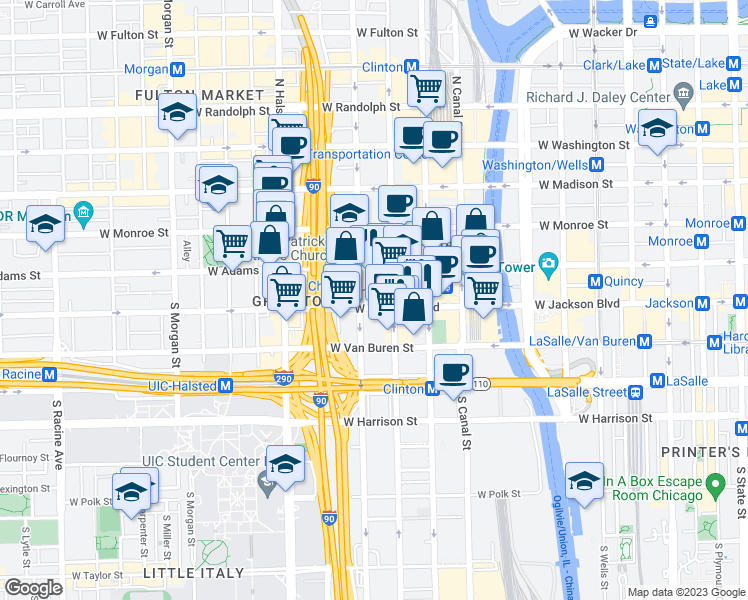 map of restaurants, bars, coffee shops, grocery stores, and more near 626 West Jackson Boulevard in Chicago