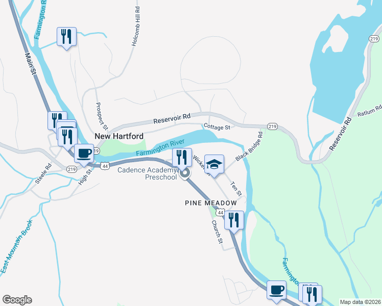 map of restaurants, bars, coffee shops, grocery stores, and more near 68 Wickett Street in New Hartford