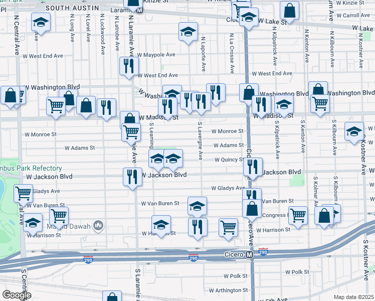 map of restaurants, bars, coffee shops, grocery stores, and more near 5015 West Adams Street in Chicago