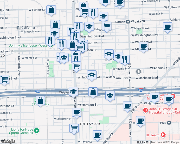 map of restaurants, bars, coffee shops, grocery stores, and more near 205 South Oakley Boulevard in Chicago