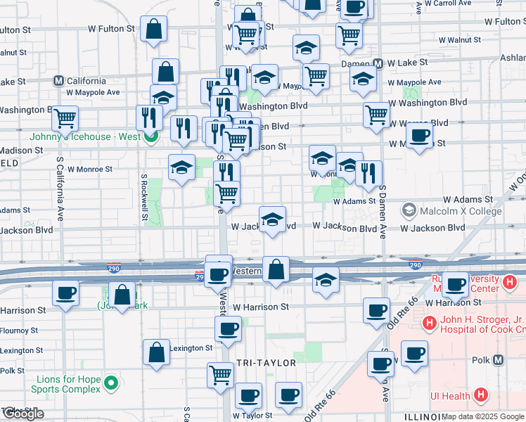 map of restaurants, bars, coffee shops, grocery stores, and more near 206 South Oakley Boulevard in Chicago