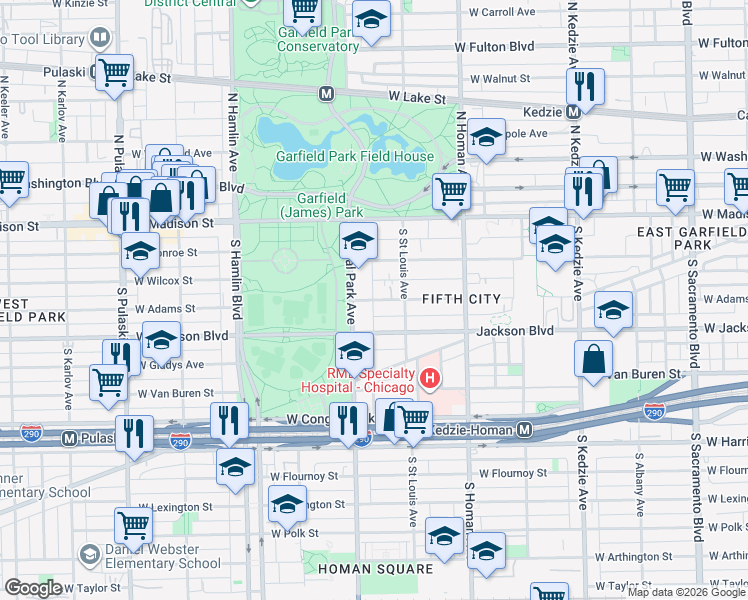 map of restaurants, bars, coffee shops, grocery stores, and more near 3539 West Adams Street in Chicago