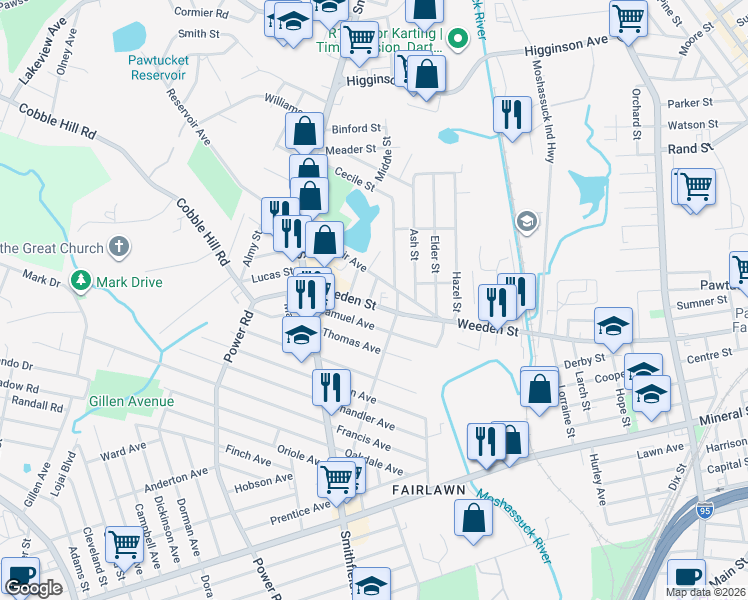 map of restaurants, bars, coffee shops, grocery stores, and more near 70 Reservoir Avenue in Pawtucket