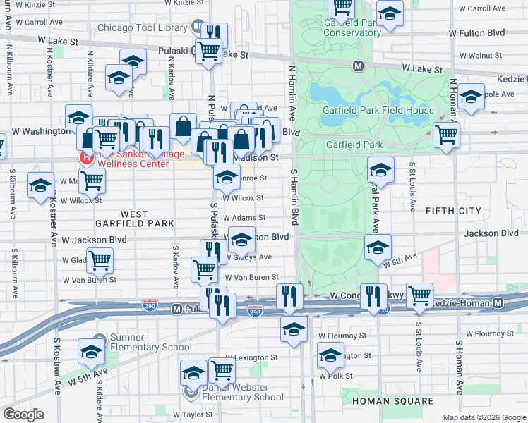 map of restaurants, bars, coffee shops, grocery stores, and more near 3851 West Wilcox Street in Chicago