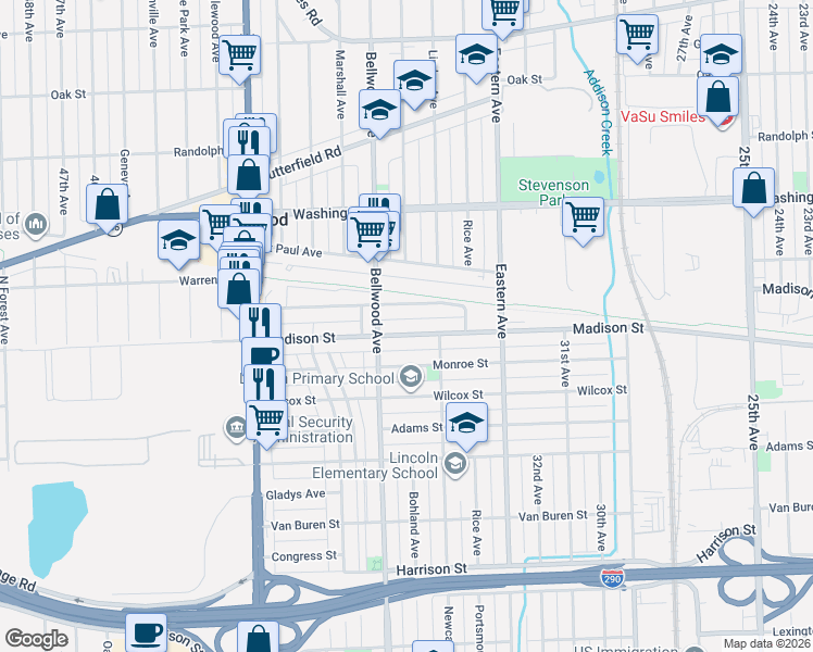 map of restaurants, bars, coffee shops, grocery stores, and more near 3606 Warren Avenue in Bellwood