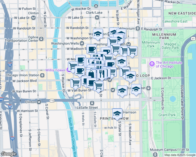 map of restaurants, bars, coffee shops, grocery stores, and more near 231 South La Salle Street in Chicago