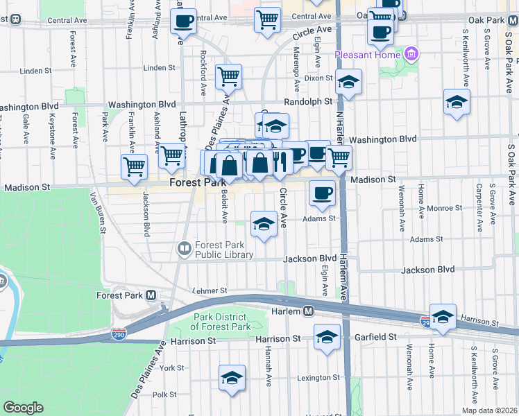 map of restaurants, bars, coffee shops, grocery stores, and more near 425 Hannah Avenue in Forest Park