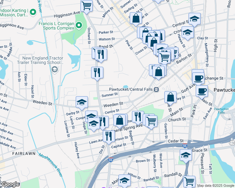 map of restaurants, bars, coffee shops, grocery stores, and more near 58 Coleman Street in Pawtucket