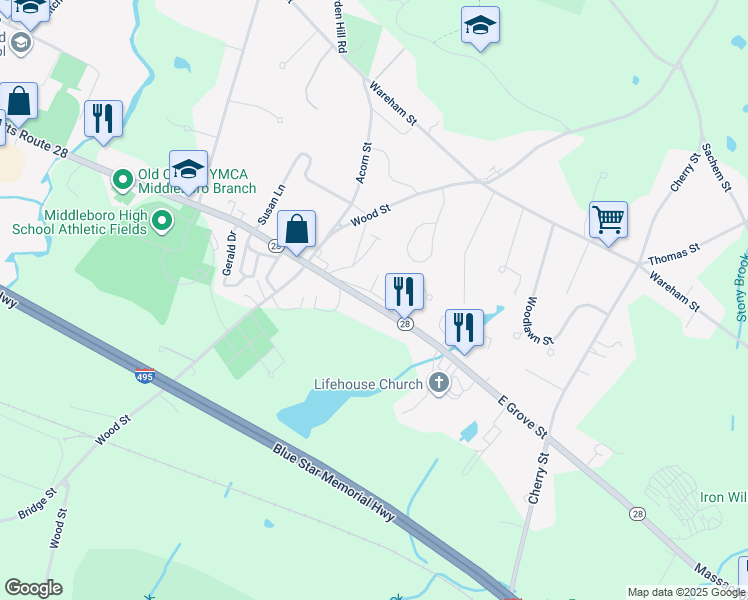 map of restaurants, bars, coffee shops, grocery stores, and more near 98 East Grove Street in Middleborough