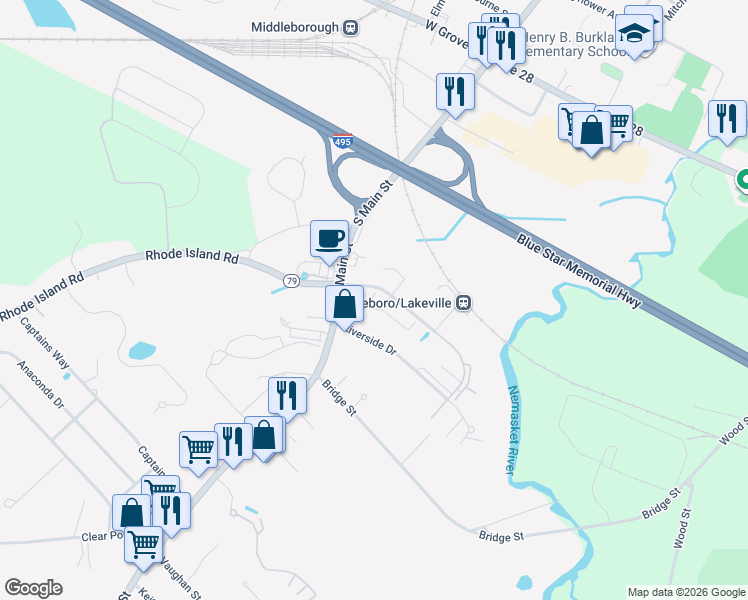 map of restaurants, bars, coffee shops, grocery stores, and more near 5 Commercial Drive in Lakeville
